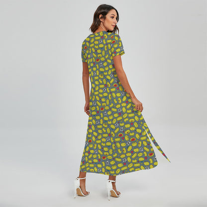 Frog Faces Pattern Print Short Sleeve Maxi Dress
