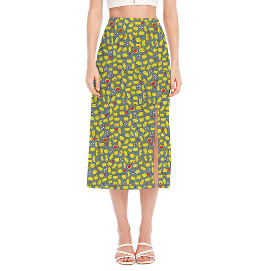 Frog Faces Pattern Print Side Slit Midi Skirt