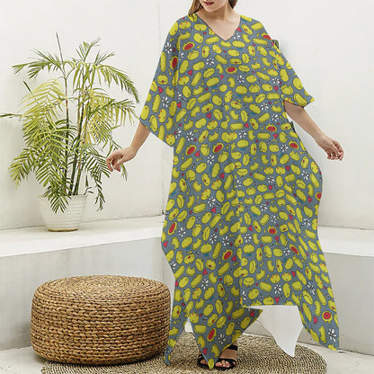 Frog Faces Pattern Print Silk V-Neck Kaftan Dress