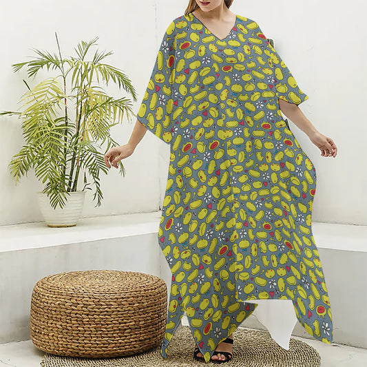 Frog Faces Pattern Print Silk V-Neck Kaftan Dress
