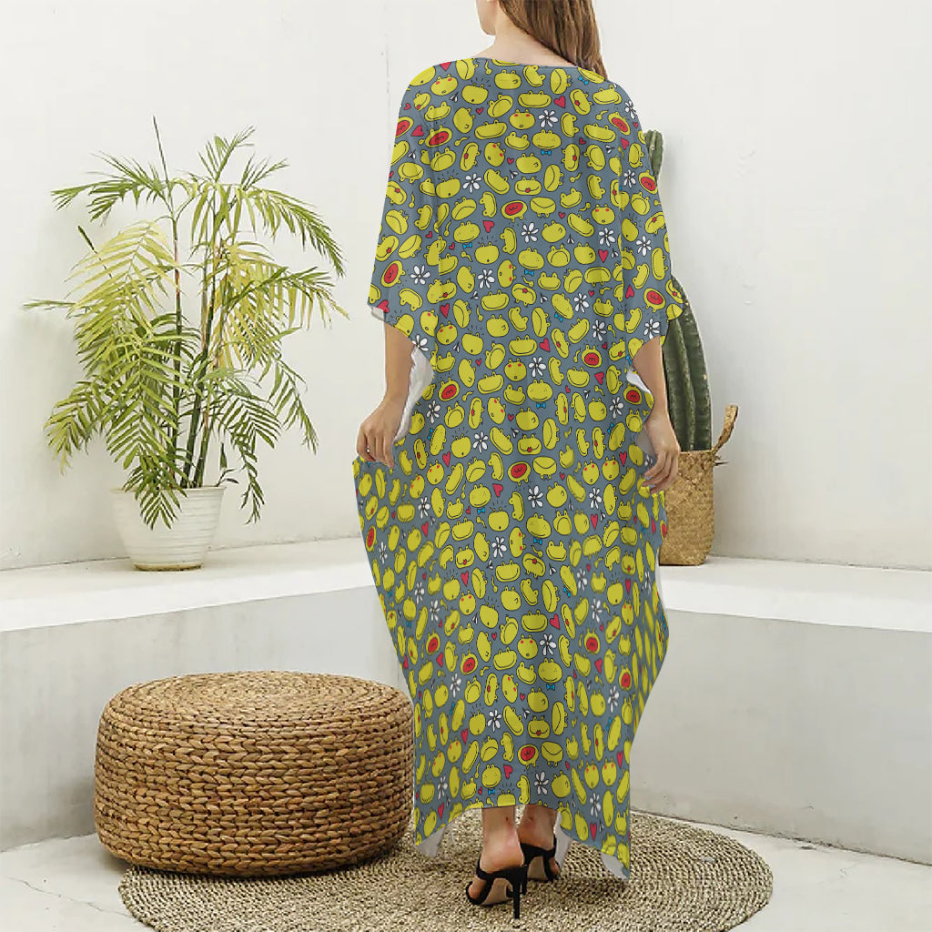 Frog Faces Pattern Print Silk V-Neck Kaftan Dress