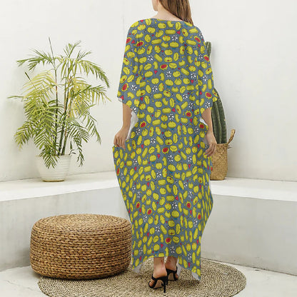 Frog Faces Pattern Print Silk V-Neck Kaftan Dress