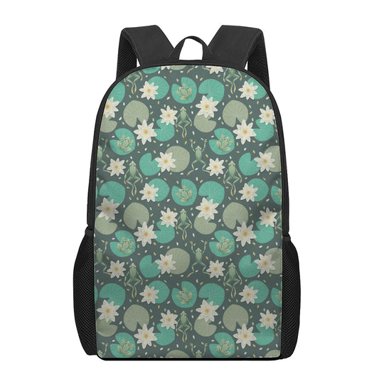 Frogs And Water Lilies Pattern Print 17 Inch Backpack