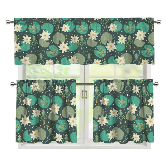 Frogs And Water Lilies Pattern Print 3 Piece Kitchen Curtains