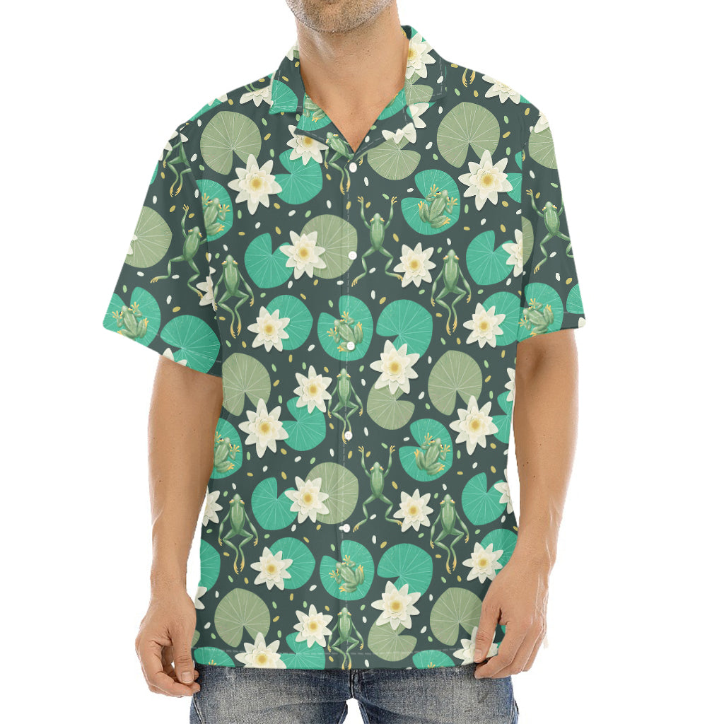 Frogs And Water Lilies Pattern Print Aloha Shirt