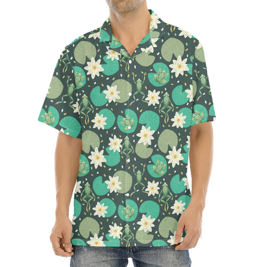 Frogs And Water Lilies Pattern Print Aloha Shirt