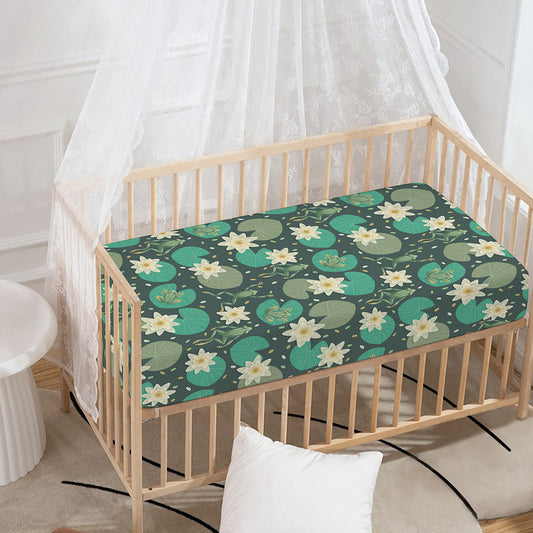 Frogs And Water Lilies Pattern Print Baby Crib Sheet