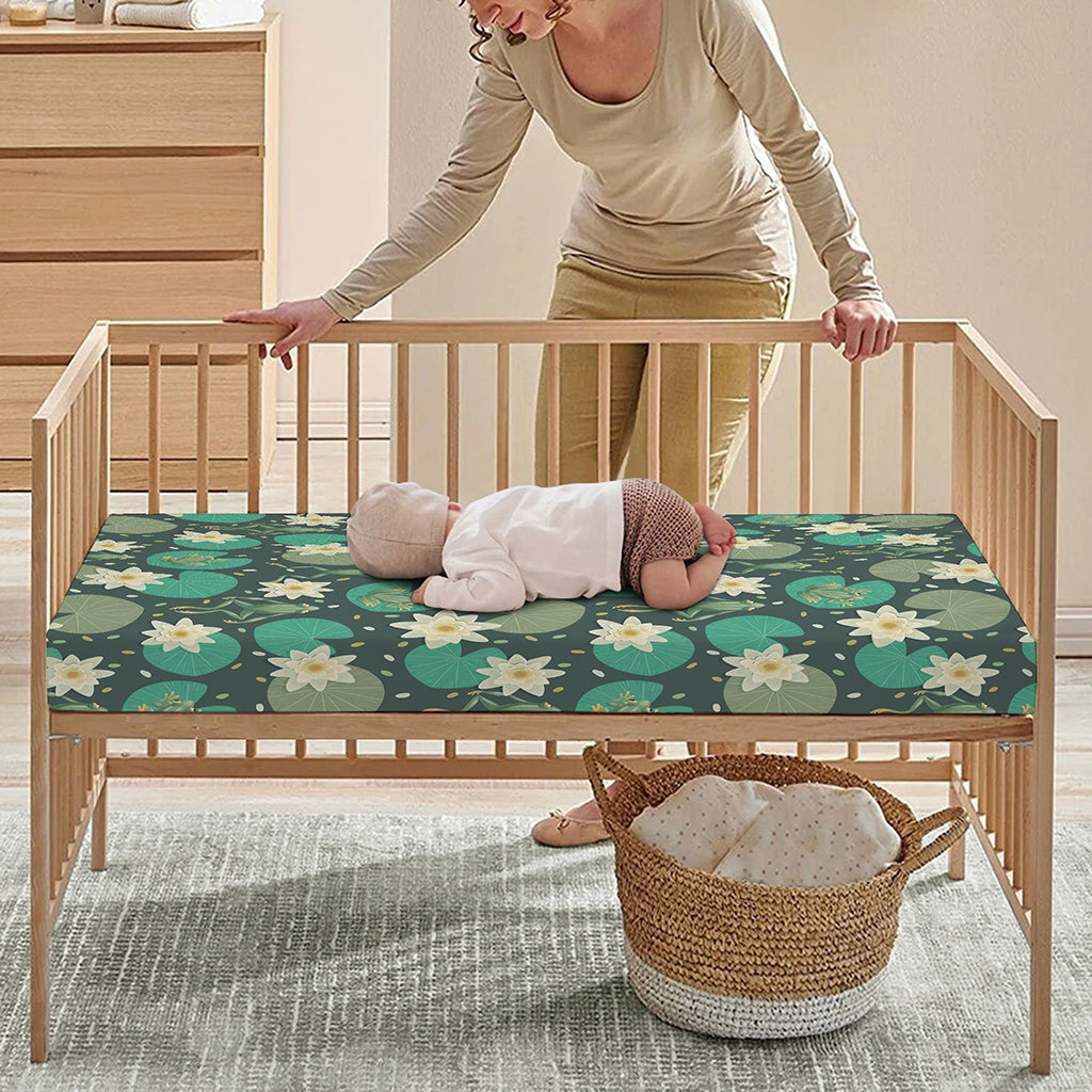 Frogs And Water Lilies Pattern Print Baby Crib Sheet