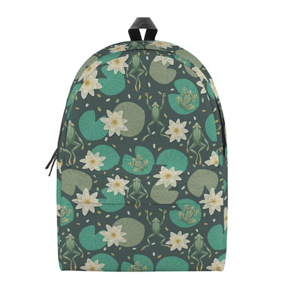 Frogs And Water Lilies Pattern Print Backpack