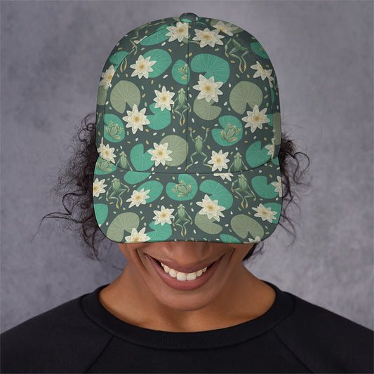 Frogs And Water Lilies Pattern Print Baseball Cap