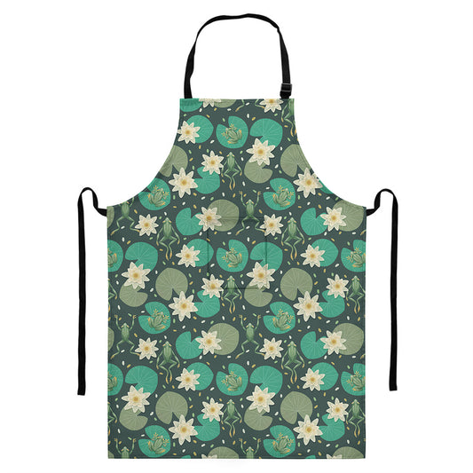 Frogs And Water Lilies Pattern Print Bib Apron With Pocket