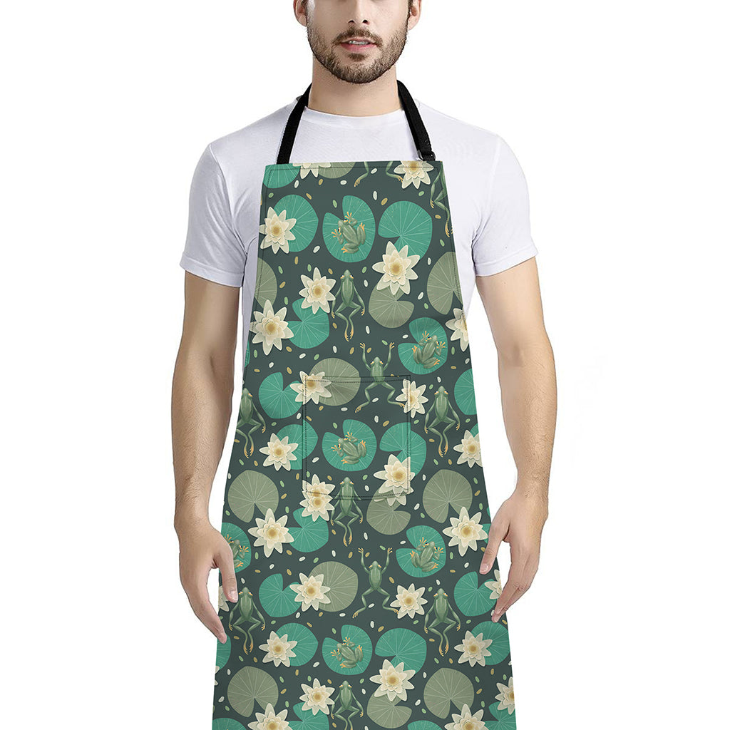 Frogs And Water Lilies Pattern Print Bib Apron With Pocket
