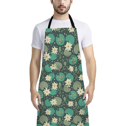 Frogs And Water Lilies Pattern Print Bib Apron With Pocket