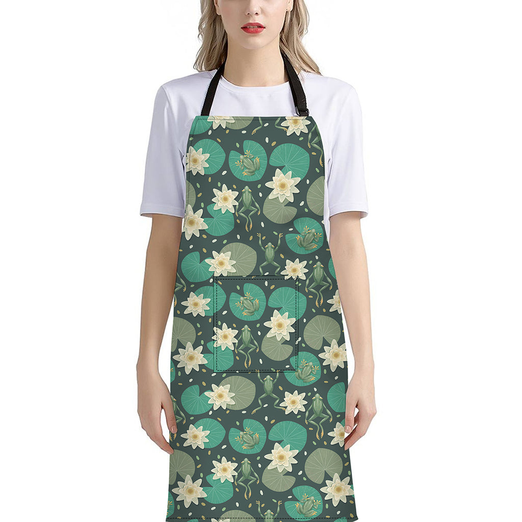 Frogs And Water Lilies Pattern Print Bib Apron With Pocket
