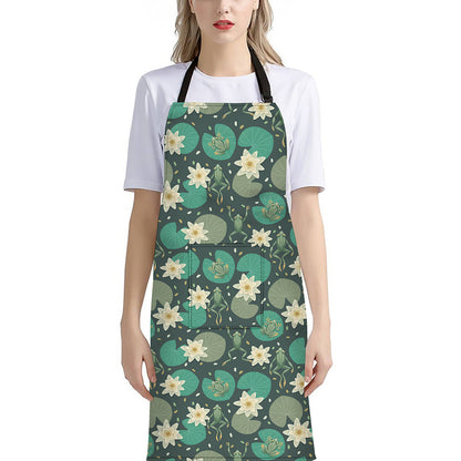 Frogs And Water Lilies Pattern Print Bib Apron With Pocket