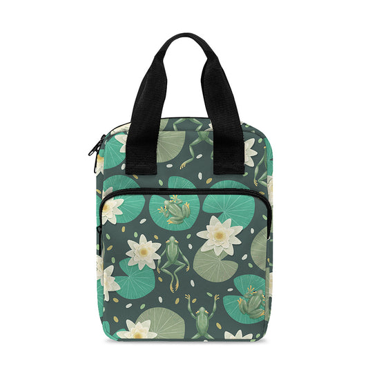 Frogs And Water Lilies Pattern Print Bible Tote Bag
