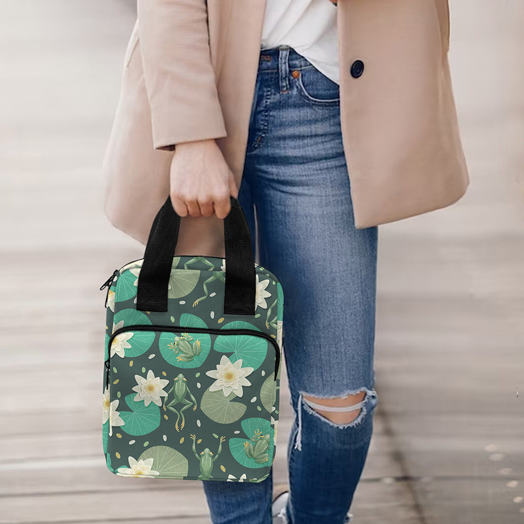 Frogs And Water Lilies Pattern Print Bible Tote Bag