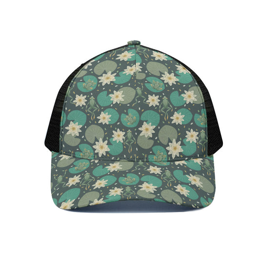 Frogs And Water Lilies Pattern Print Black Mesh Trucker Cap