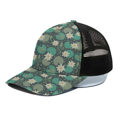 Frogs And Water Lilies Pattern Print Black Mesh Trucker Cap