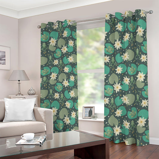 Frogs And Water Lilies Pattern Print Blackout Grommet Curtains