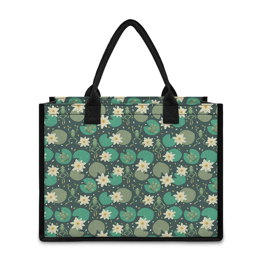 Frogs And Water Lilies Pattern Print Canvas Tote Bag