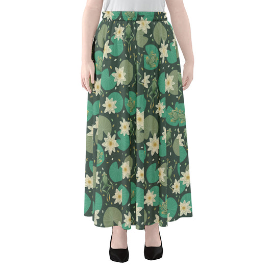 Frogs And Water Lilies Pattern Print Chiffon Maxi Skirt