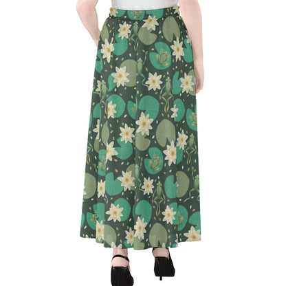 Frogs And Water Lilies Pattern Print Chiffon Maxi Skirt