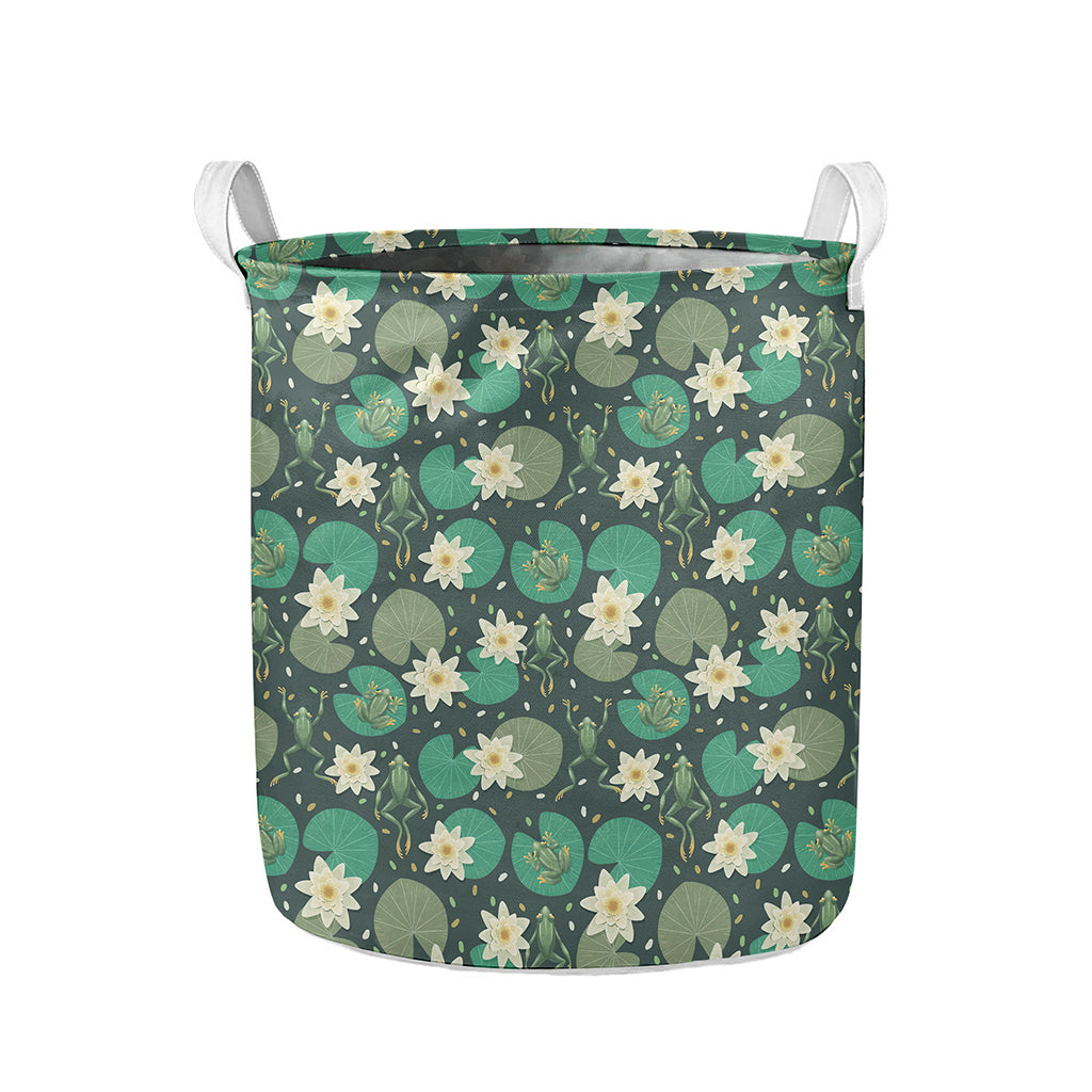 Frogs And Water Lilies Pattern Print Collapsible Laundry Basket