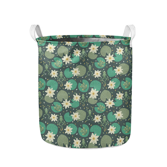Frogs And Water Lilies Pattern Print Collapsible Laundry Basket