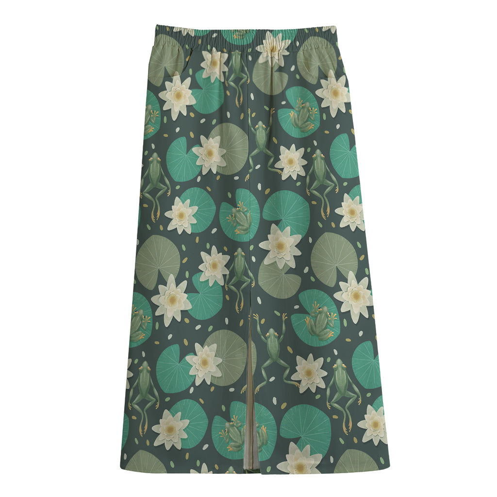 Frogs And Water Lilies Pattern Print Cotton Front Slit Maxi Skirt