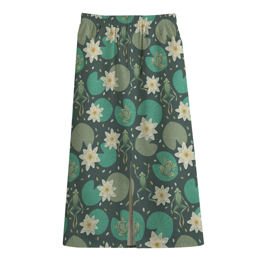 Frogs And Water Lilies Pattern Print Cotton Front Slit Maxi Skirt