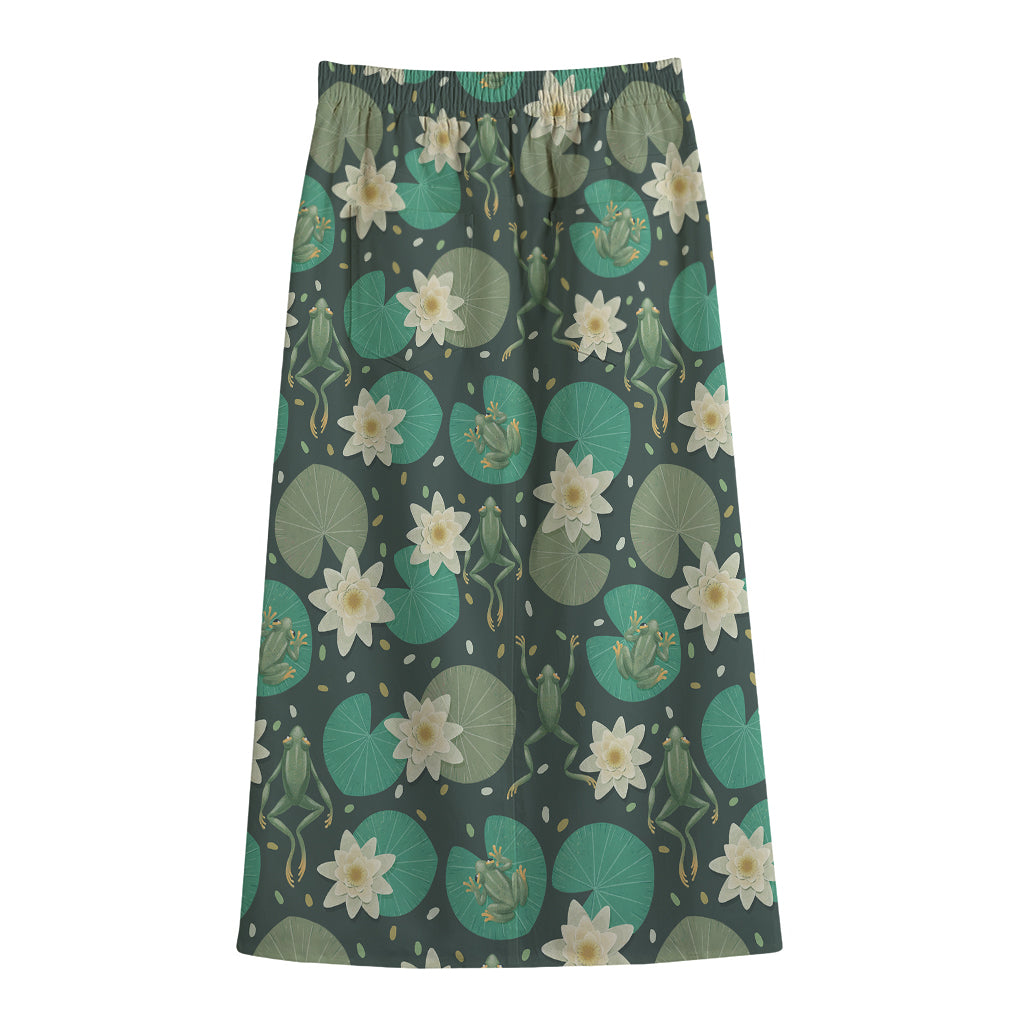 Frogs And Water Lilies Pattern Print Cotton Front Slit Maxi Skirt