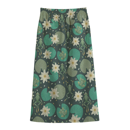 Frogs And Water Lilies Pattern Print Cotton Front Slit Maxi Skirt