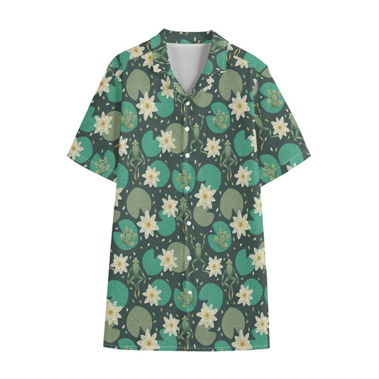 Frogs And Water Lilies Pattern Print Cotton Hawaiian Shirt