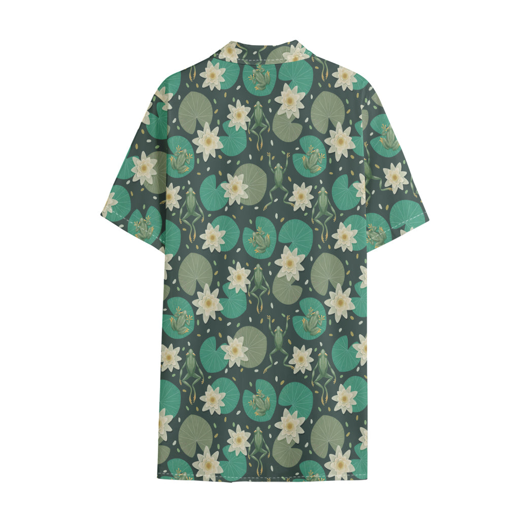 Frogs And Water Lilies Pattern Print Cotton Hawaiian Shirt