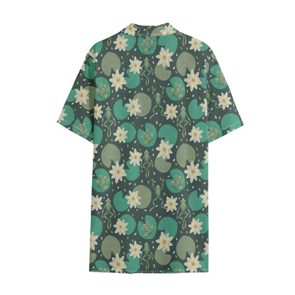 Frogs And Water Lilies Pattern Print Cotton Hawaiian Shirt