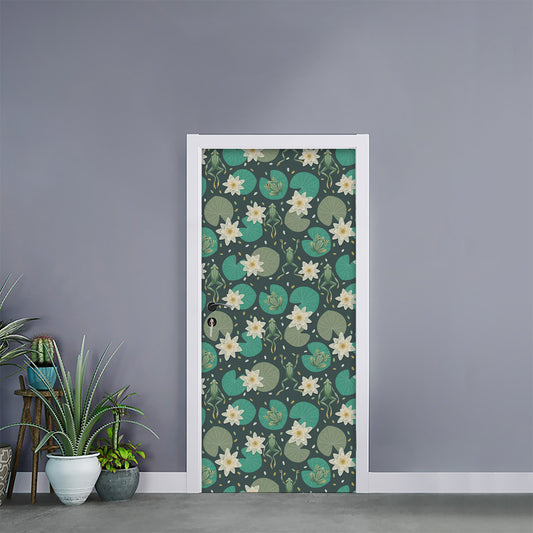 Frogs And Water Lilies Pattern Print Door Sticker