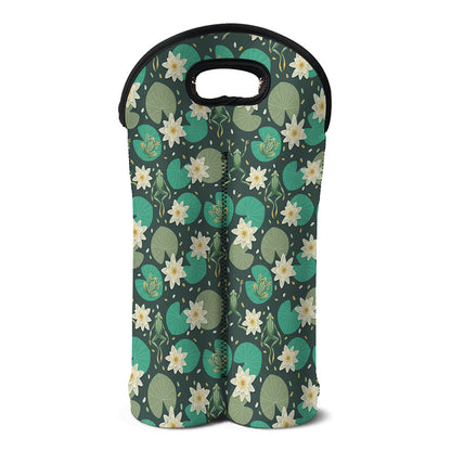 Frogs And Water Lilies Pattern Print Double Neoprene Wine Tote