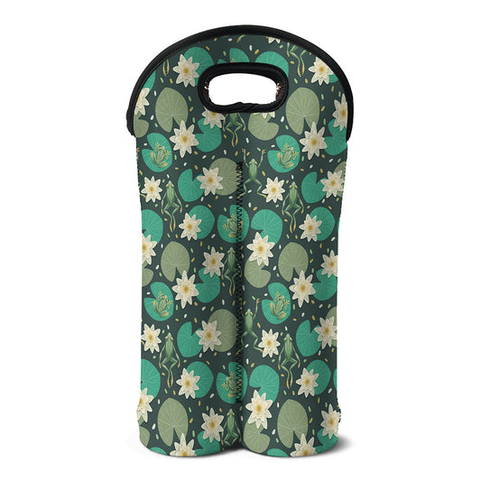 Frogs And Water Lilies Pattern Print Double Neoprene Wine Tote