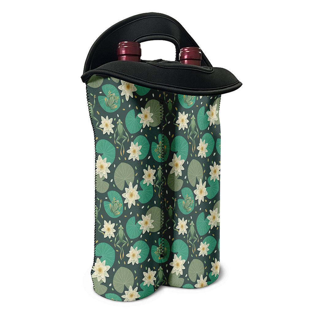 Frogs And Water Lilies Pattern Print Double Neoprene Wine Tote