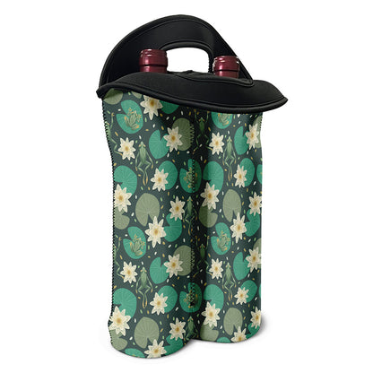 Frogs And Water Lilies Pattern Print Double Neoprene Wine Tote