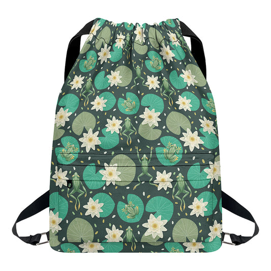 Frogs And Water Lilies Pattern Print Drawstring Backpack