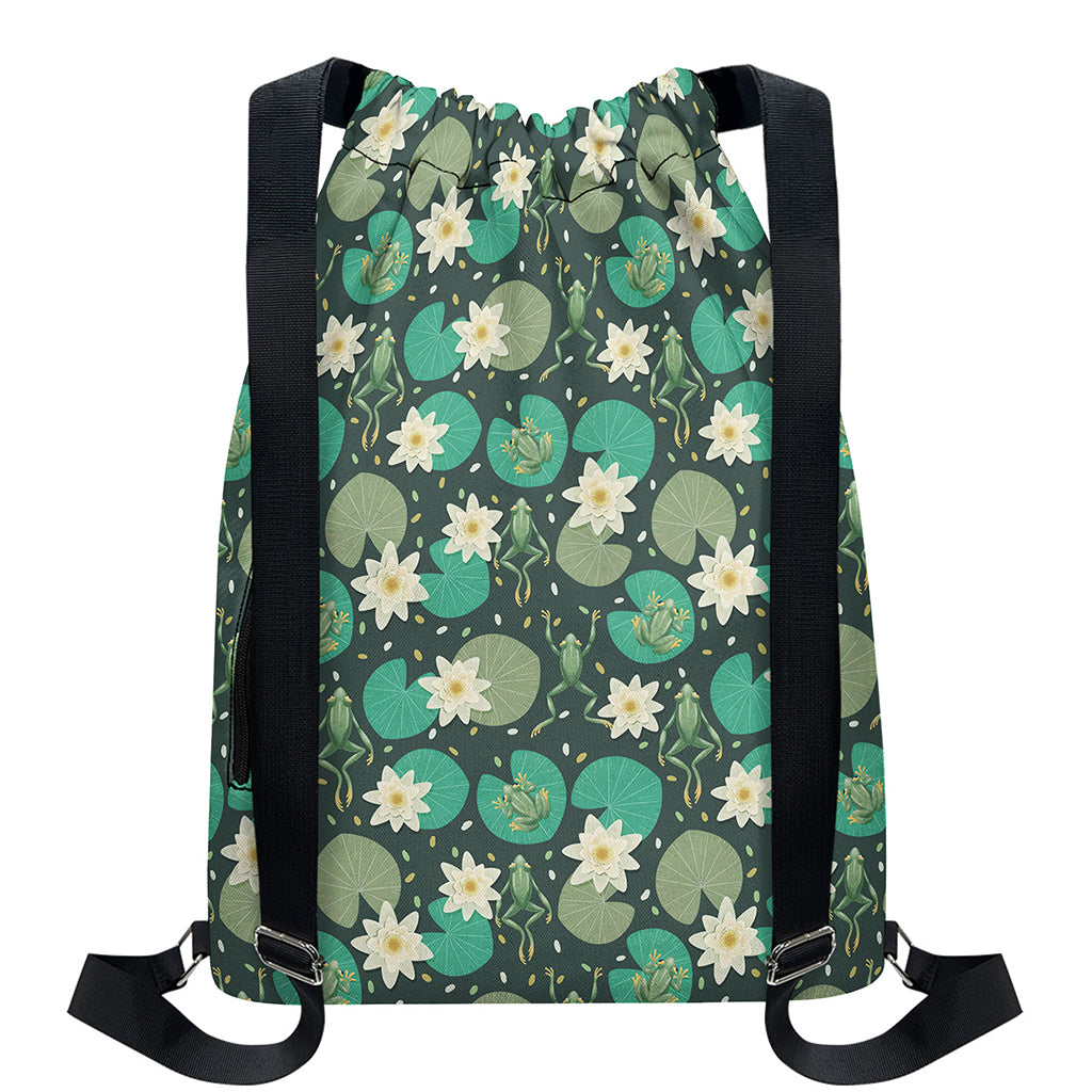 Frogs And Water Lilies Pattern Print Drawstring Backpack