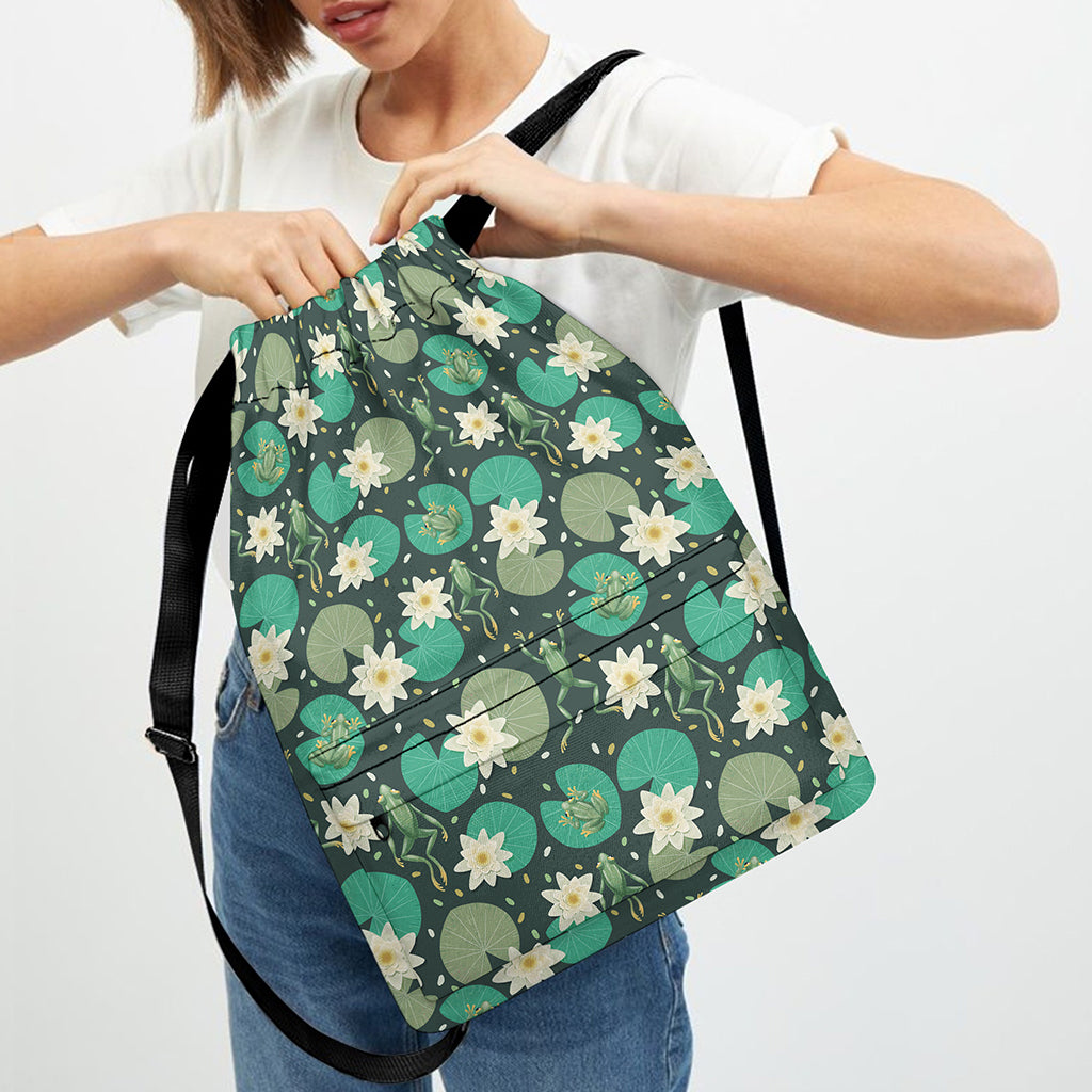Frogs And Water Lilies Pattern Print Drawstring Backpack