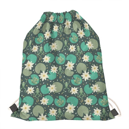 Frogs And Water Lilies Pattern Print Drawstring Bag