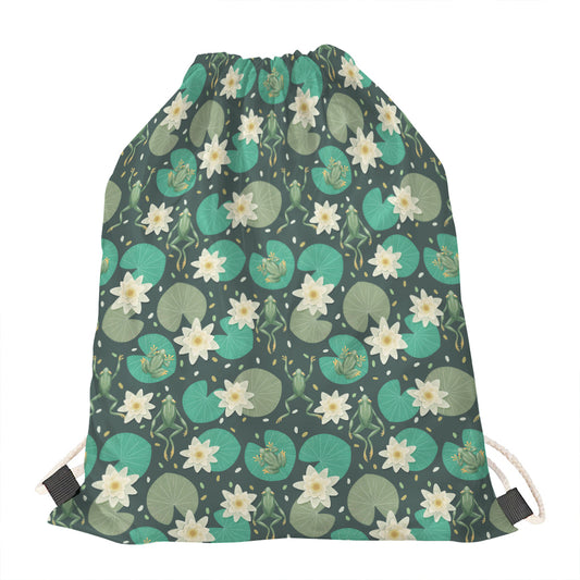 Frogs And Water Lilies Pattern Print Drawstring Bag