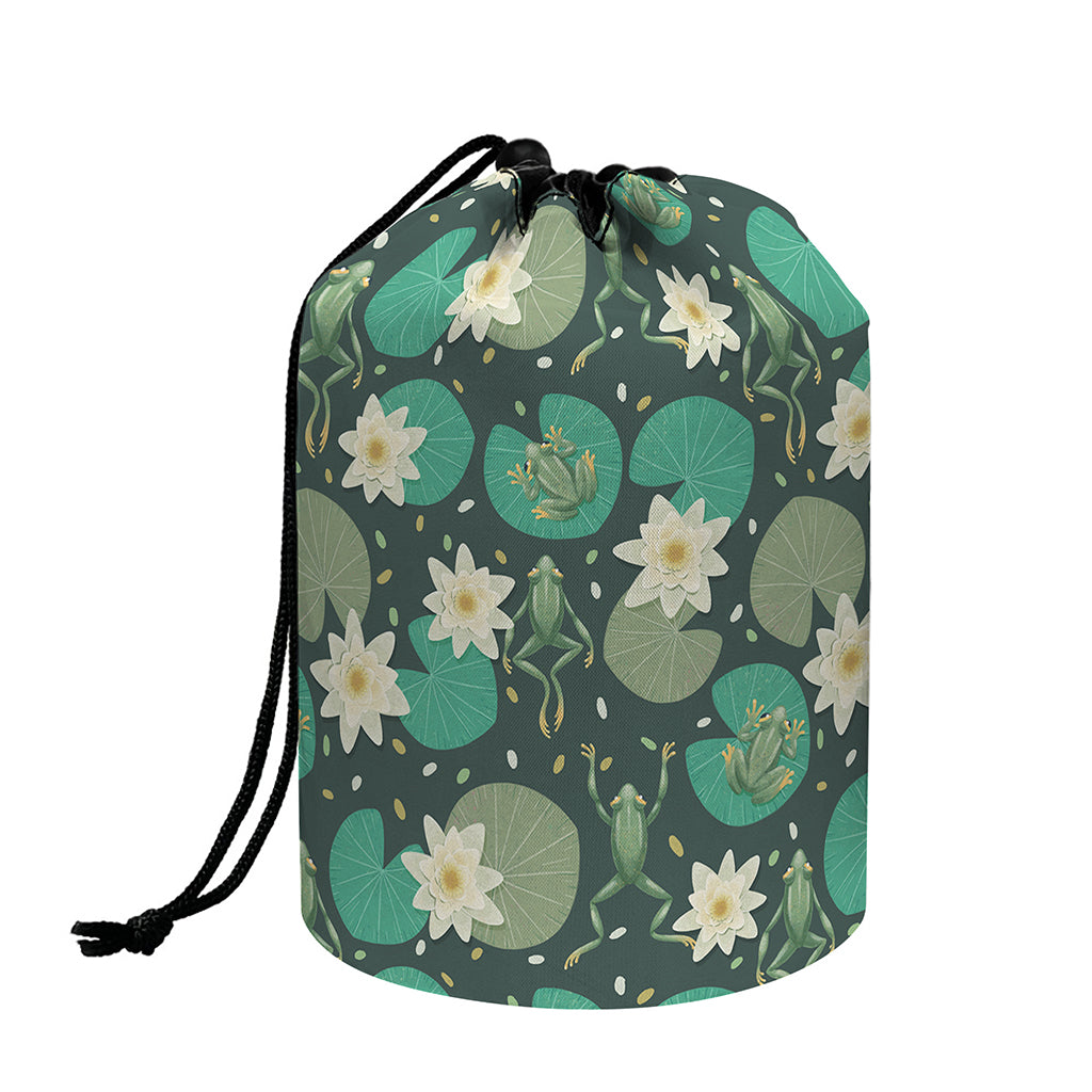Frogs And Water Lilies Pattern Print Drawstring Makeup Bag