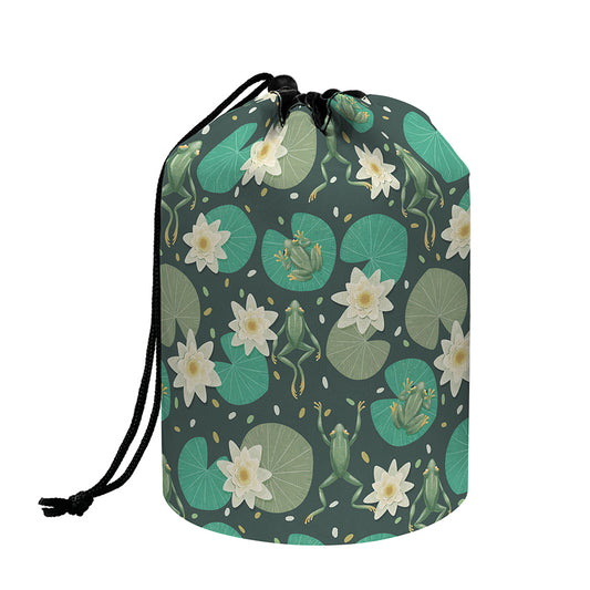 Frogs And Water Lilies Pattern Print Drawstring Makeup Bag