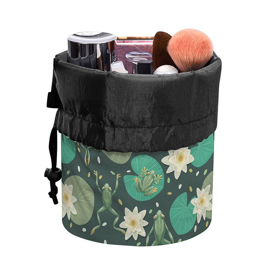 Frogs And Water Lilies Pattern Print Drawstring Makeup Bag