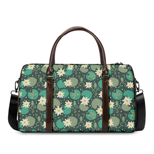 Frogs And Water Lilies Pattern Print Duffle Bag